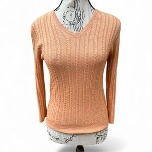 Brooks Brothers Silk Cashmere Cable Knit V-Neck Sweater Peach Sorbet Autumn XS